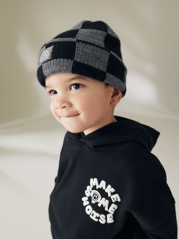 Black/Grey Check Knitted Beanie Hat (1-16yrs) - Image 1 of 5
