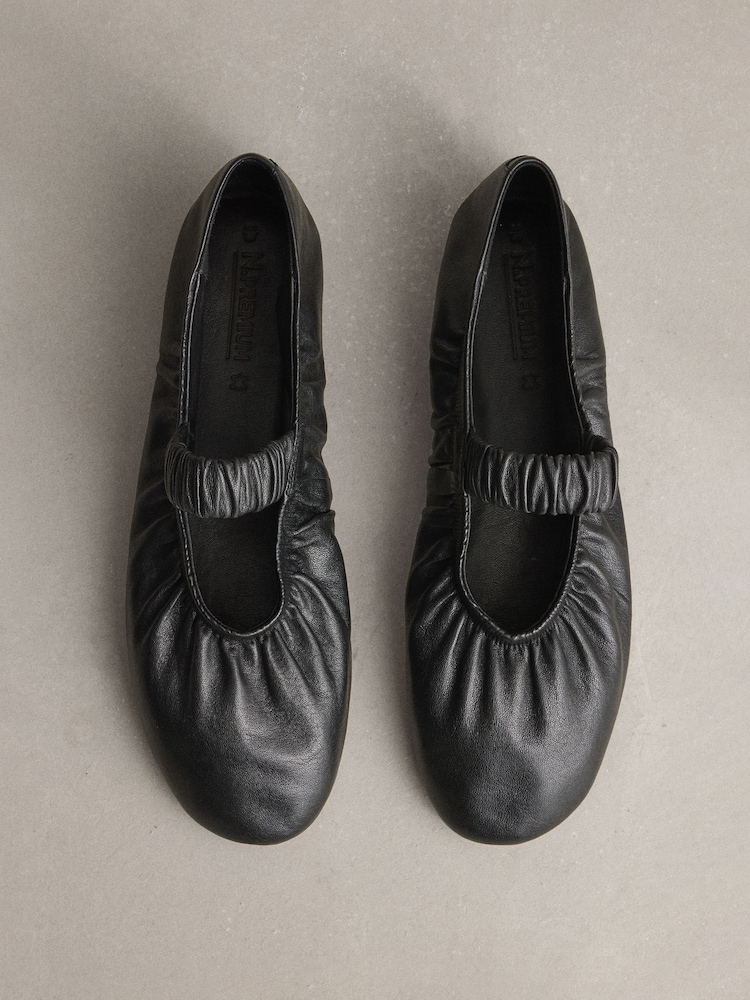 Black N. Premium Leather Ruched Mary Janes Shoes - Image 1 of 5