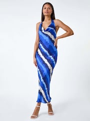 Roman Blue Stripe Print Satin Bias Cut Dress - Image 1 of 5
