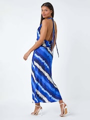 Roman Blue Stripe Print Satin Bias Cut Dress - Image 2 of 5