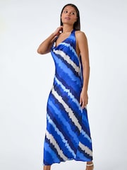 Roman Blue Stripe Print Satin Bias Cut Dress - Image 3 of 5