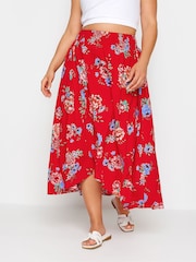 Yours Curve Red Red Floral Print Tulip Skirt - Image 1 of 5