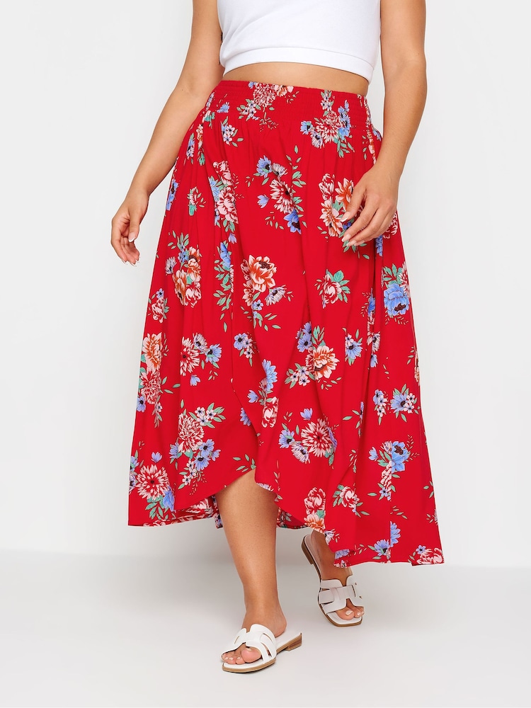 Yours Curve Red Red Floral Print Tulip Skirt - Image 1 of 5