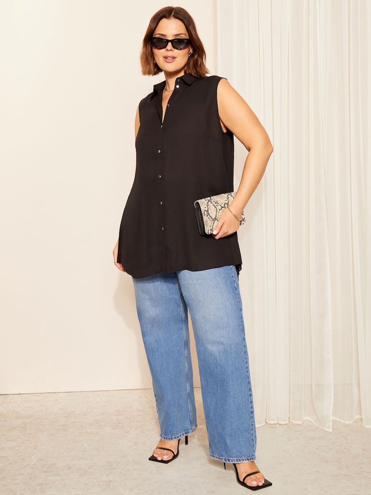 Friends Like These Black Sleeveless Pleated Back Button Through Shirt - Image 1 of 4