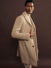 Reiss Oatmeal Herringbone Gable Wool Blend Single Breasted Epsom Overcoat - Image 1 of 8