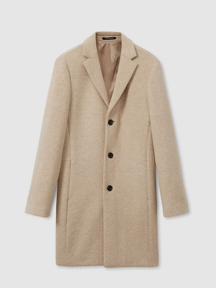 Reiss Oatmeal Herringbone Gable Wool Blend Single Breasted Epsom Overcoat - Image 2 of 8