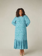Live Unlimited Blue Curve Multi Ditsy Print Tiered Midaxi Dress - Image 1 of 5