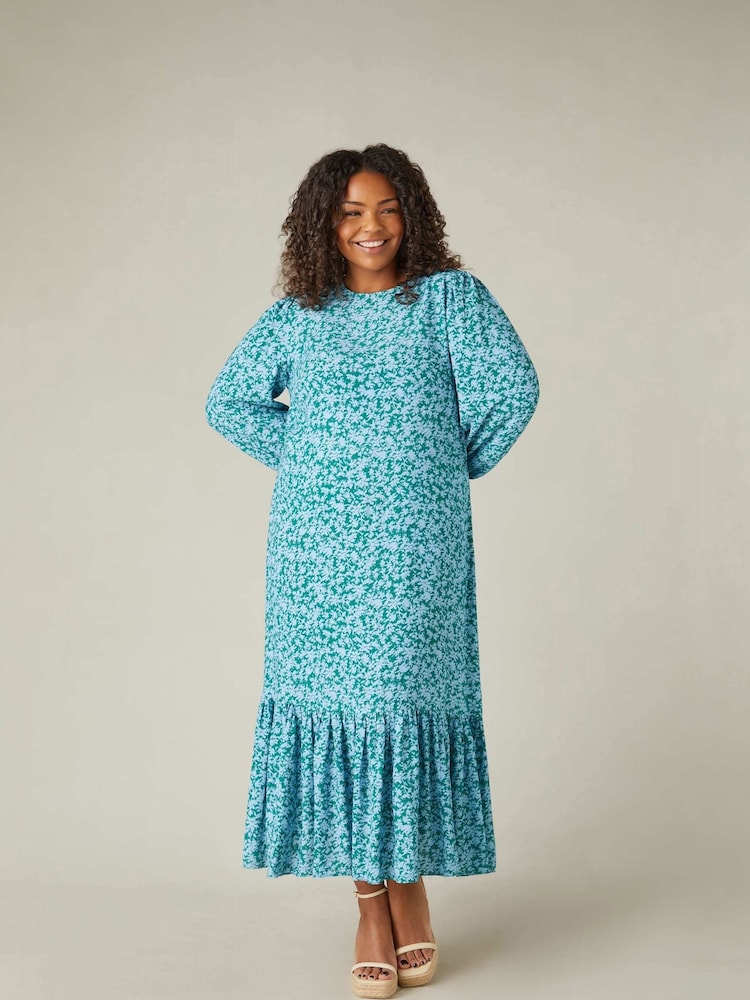 Live Unlimited Blue Curve Multi Ditsy Print Tiered Midaxi Dress - Image 1 of 5