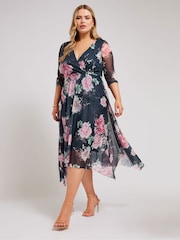 YOURS LONDON Curve Mid Blue Cowl Neck Mesh Midi Dress - Image 1 of 4