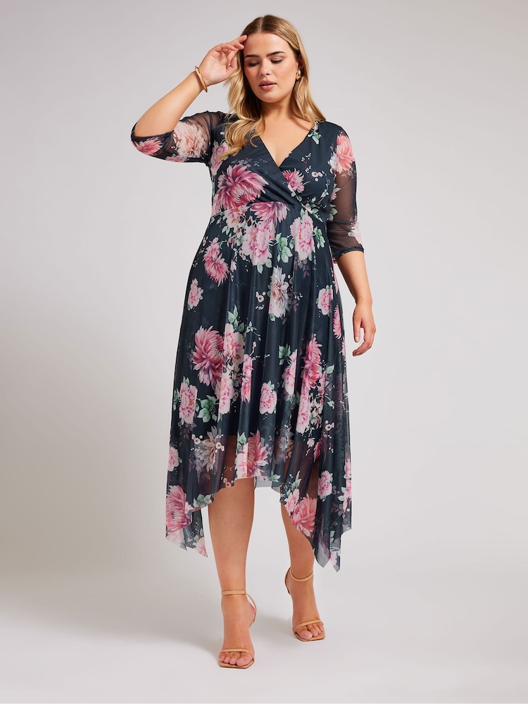 YOURS LONDON Curve Mid Blue Cowl Neck Mesh Midi Dress - Image 2 of 4