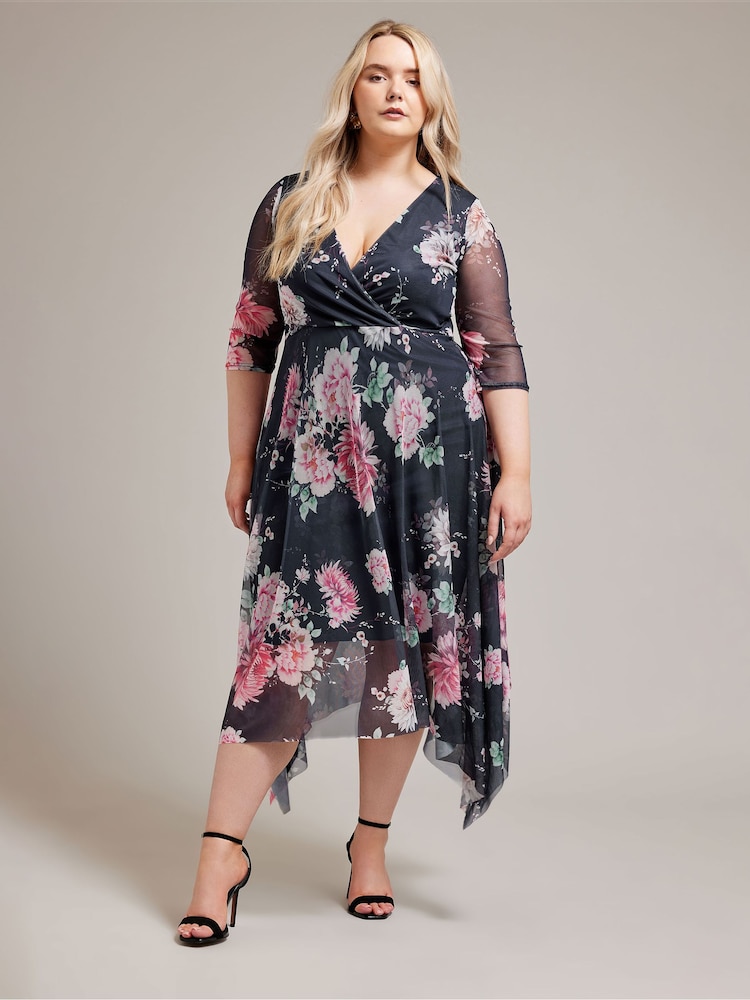 YOURS LONDON Curve Mid Blue Cowl Neck Mesh Midi Dress - Image 4 of 4
