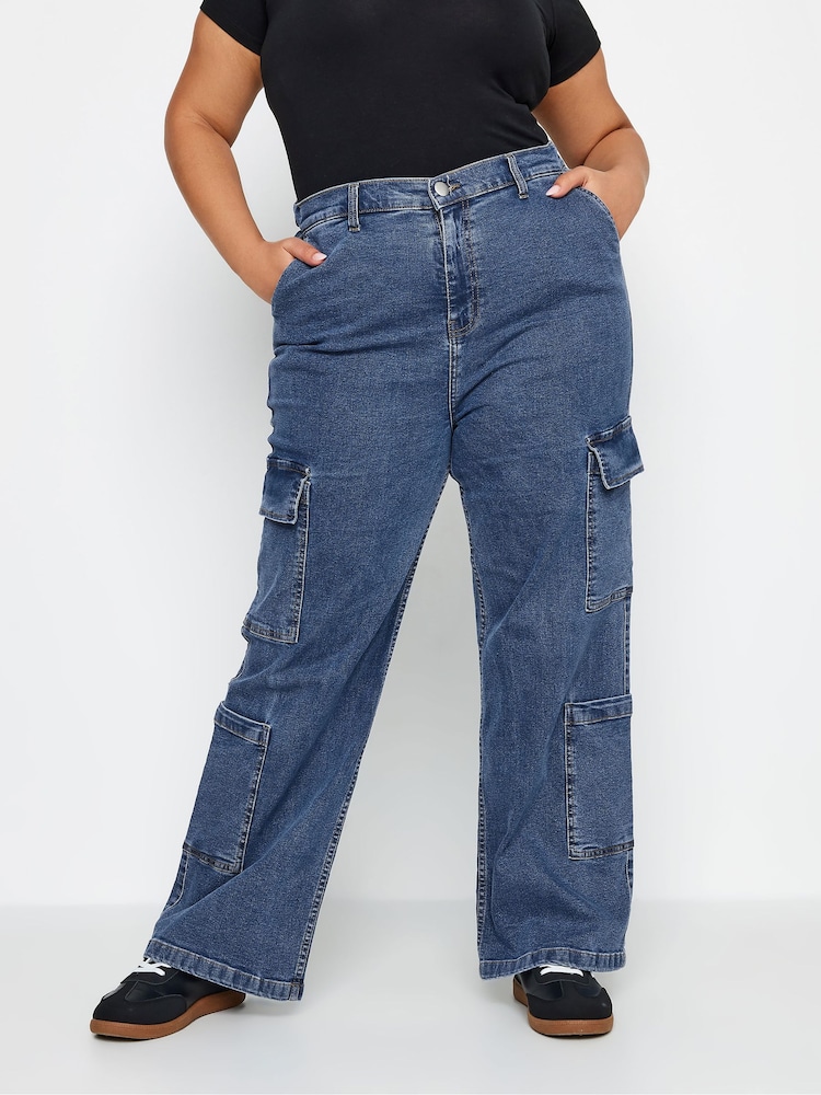 Yours Curve Blue Limited Collection Curve Mid Wash Wide Leg Cargo Jeans - Image 1 of 4