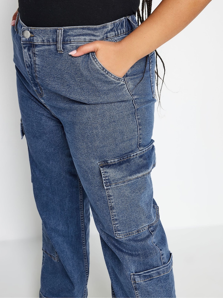 Yours Curve Blue Limited Collection Curve Mid Wash Wide Leg Cargo Jeans - Image 4 of 4