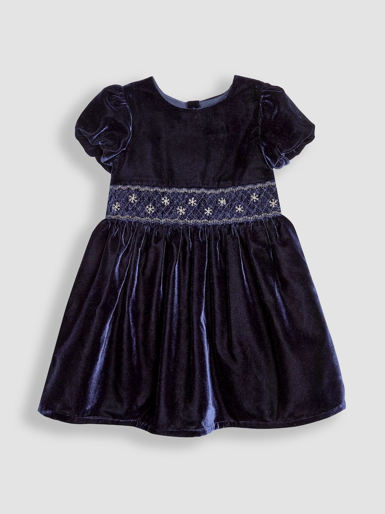 JoJo Maman Bébé Navy Blue Smock Waist Velvet Party Dress - Image 1 of 3