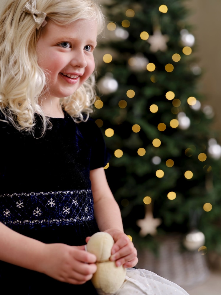 JoJo Maman Bébé Navy Blue Smock Waist Velvet Party Dress - Image 2 of 3