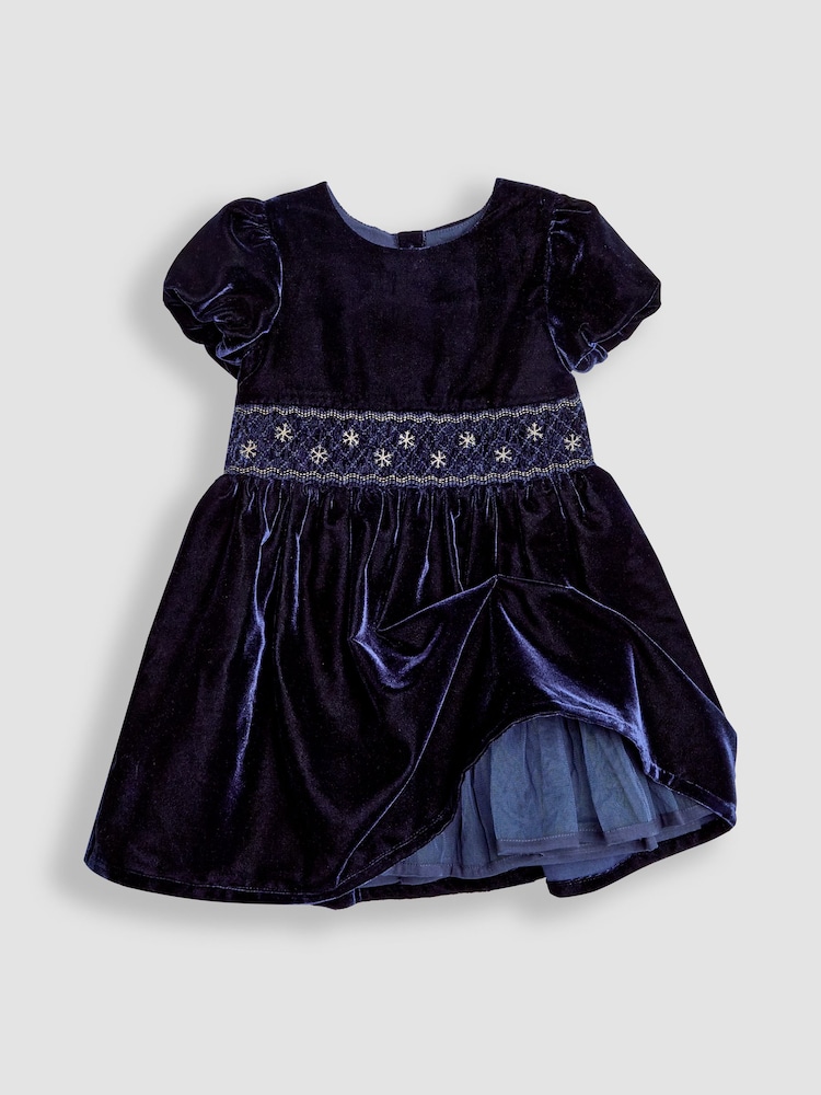 JoJo Maman Bébé Navy Blue Smock Waist Velvet Party Dress - Image 3 of 3