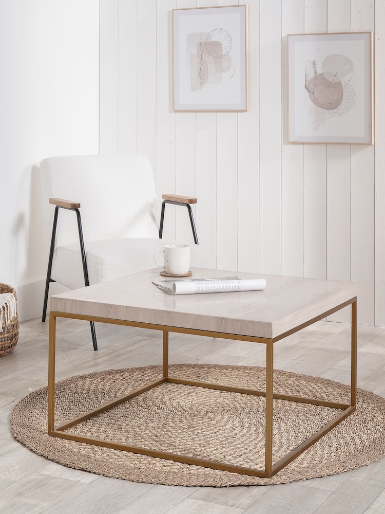 Pacific Mirrored Beige Granite and Gold Metal Square Coffee Table - Image 1 of 5