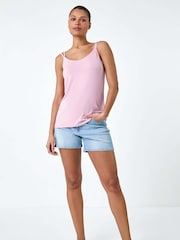Roman Pink Plain Double Strap Stretch Vest Top - Image 1 of 5