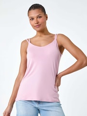 Roman Pink Plain Double Strap Stretch Vest Top - Image 3 of 5