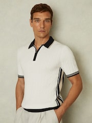Reiss Off White/Camel/Navy Pulse Cotton Blend Cable Knit Half-Zip Polo Shirt - Image 1 of 6