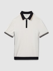 Reiss Off White/Camel/Navy Pulse Cotton Blend Cable Knit Half-Zip Polo Shirt - Image 2 of 6