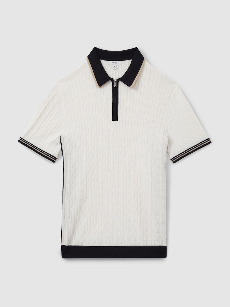Reiss Off White/Camel/Navy Pulse Cotton Blend Cable Knit Half-Zip Polo Shirt - Image 2 of 6
