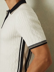 Reiss Off White/Camel/Navy Pulse Cotton Blend Cable Knit Half-Zip Polo Shirt - Image 3 of 6