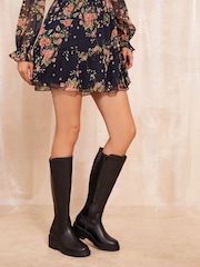 Friends Like These Black Wide Fit Low Wedge Knee High Stretch Faux Leather Boot - Image 3 of 4