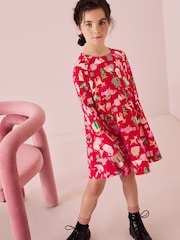 Red Christmas Print Long Sleeve 100% Cotton Jersey Dress (3-16yrs) - Image 1 of 7