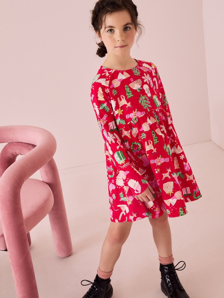Red Christmas Print Long Sleeve 100% Cotton Jersey Dress (3-16yrs) - Image 1 of 7