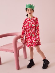 Red Christmas Print Long Sleeve 100% Cotton Jersey Dress (3-16yrs) - Image 2 of 7