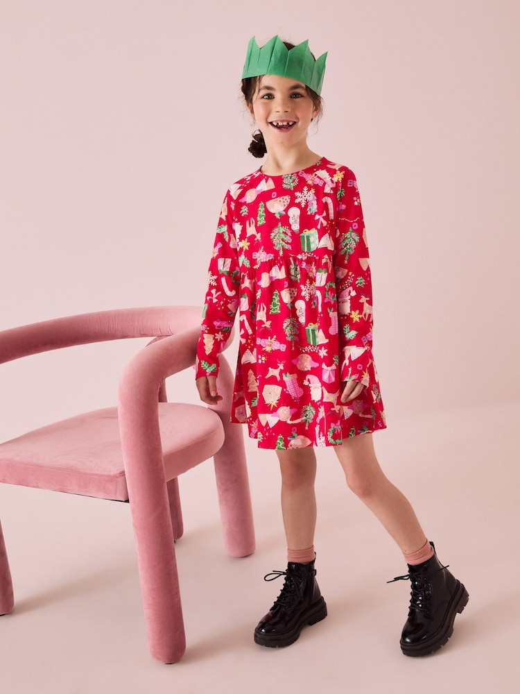 Red Christmas Print Long Sleeve 100% Cotton Jersey Dress (3-16yrs) - Image 2 of 7