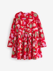 Red Christmas Print Long Sleeve 100% Cotton Jersey Dress (3-16yrs) - Image 6 of 7