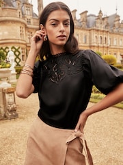 Lipsy Black Puff Sleeve Cutwork Top - Image 1 of 4