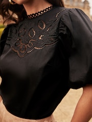 Lipsy Black Puff Sleeve Cutwork Top - Image 2 of 4