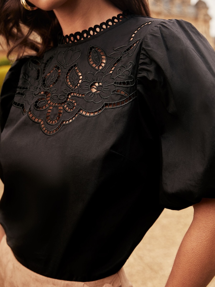 Lipsy Black Puff Sleeve Cutwork Top - Image 2 of 4 Lipsy Black Puff Sleeve Cutwork Top - Image 2 of 4