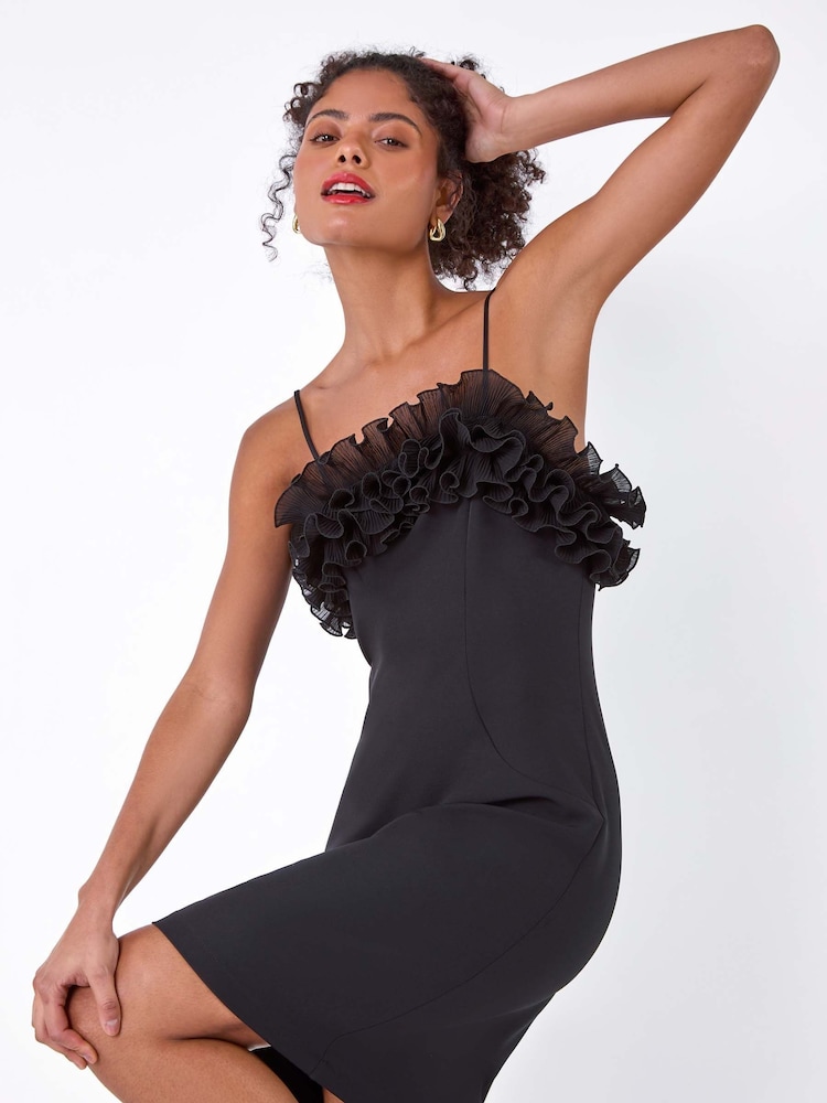 Dusk Black Frill Detail Stretch Dress - Image 1 of 5