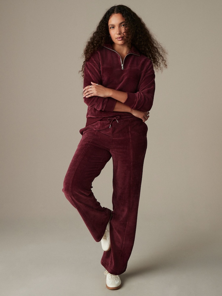 Burgundy Red Velvet Soft Touch Jersey Wide Leg Co-Ord Jogger Trousers - Image 1 of 8