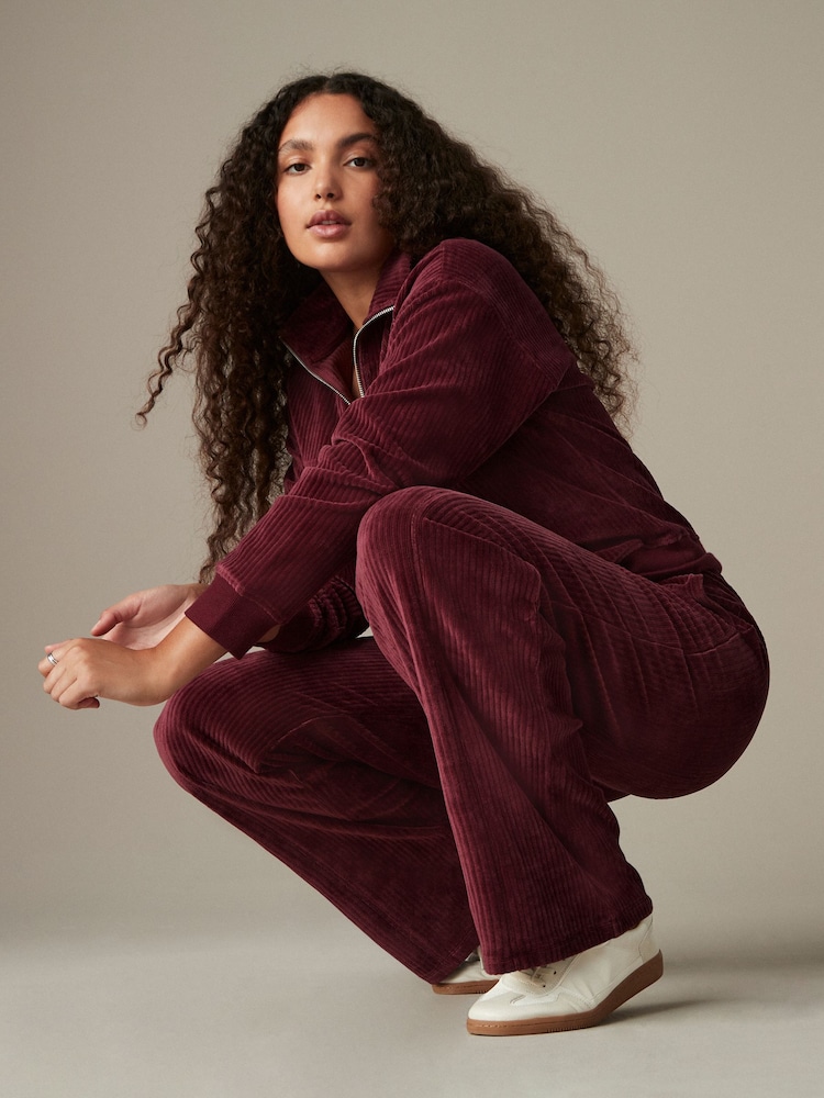 Burgundy Red Velvet Soft Touch Jersey Wide Leg Co-Ord Jogger Trousers - Image 2 of 8