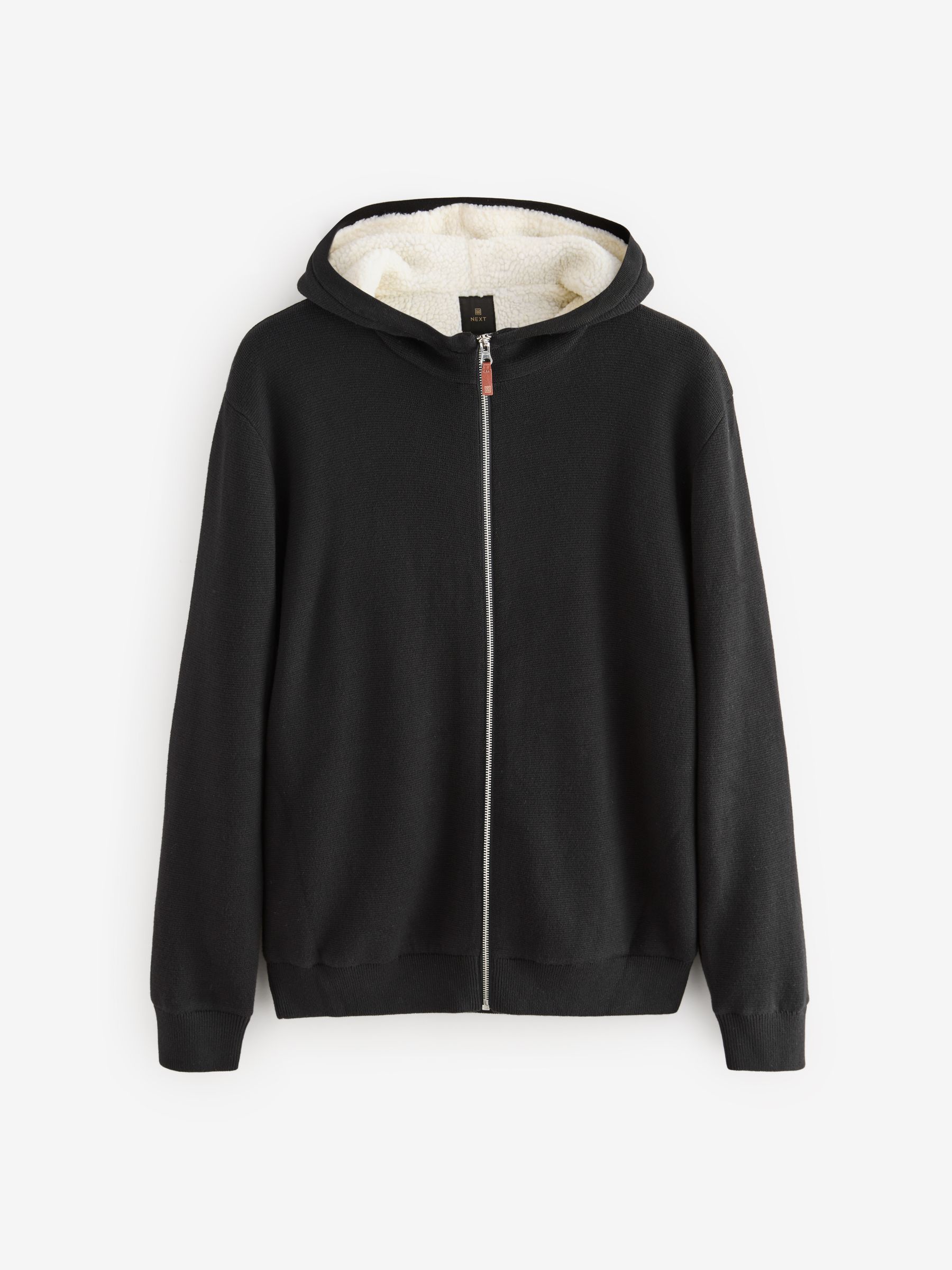 Black Relaxed Fit 100% Cotton Borg Lined Knit Zip Up Hoodie