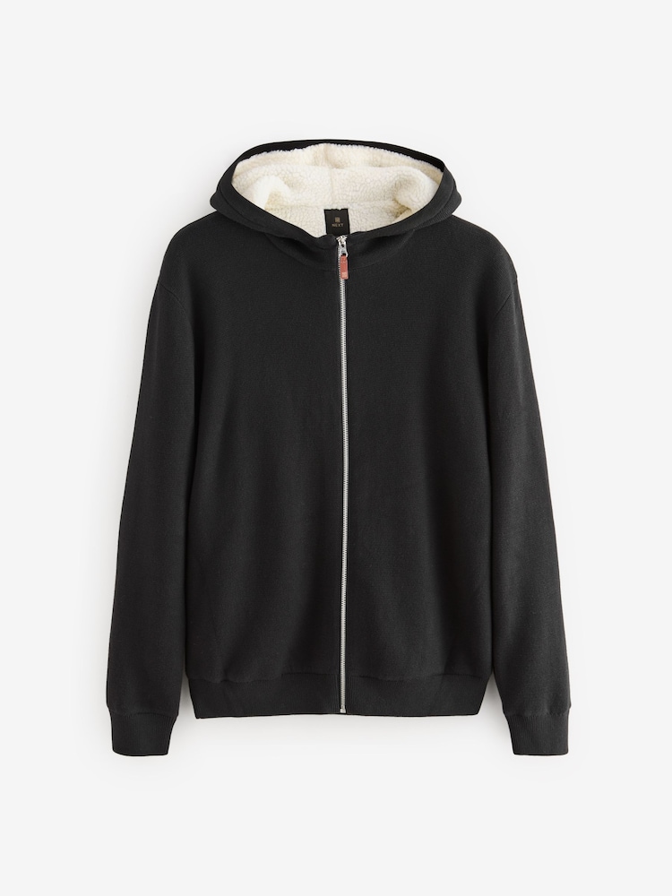 Black Relaxed Fit 100% Cotton Borg Lined Knit Zip Up Hoodie - Image 1 of 4