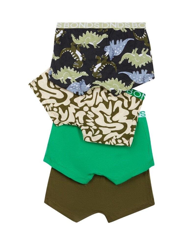 Bonds Green Dinosaur Print 100% Cotton Trunks 4 Pack - Image 2 of 3