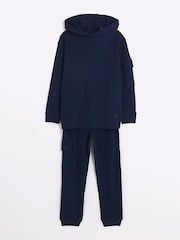 River Island Blue Boys Waffle Hoodie And Cargo Joggers Set - Image 3 of 5