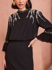 Love & Roses Black Embellised Flute Sleeve Midi Dress - Image 2 of 4