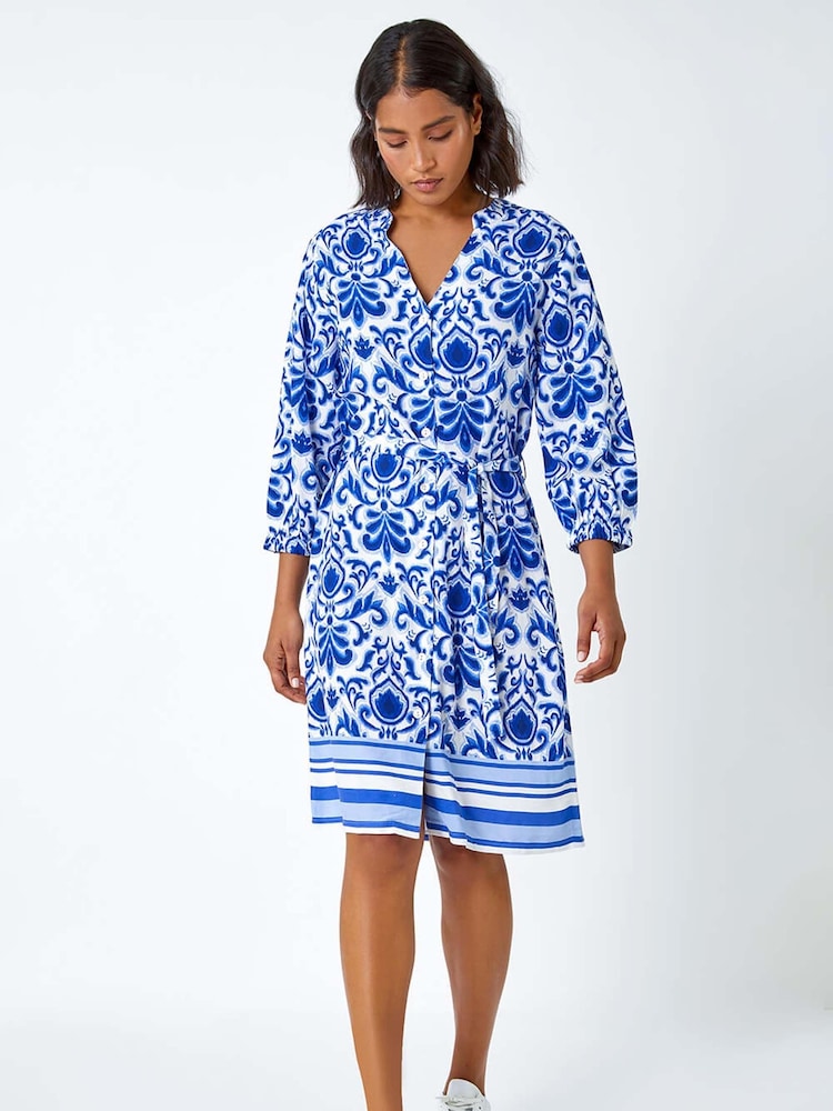 Roman Blue Abstract Border Print Shirt Dress - Image 1 of 5