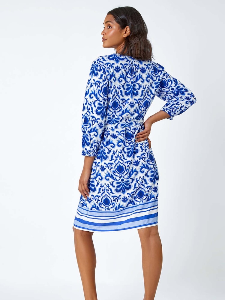 Roman Blue Abstract Border Print Shirt Dress - Image 3 of 5