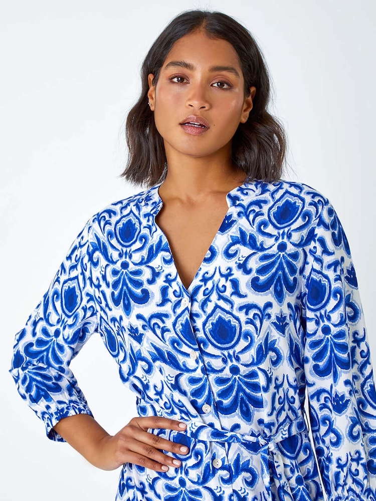 Roman Blue Abstract Border Print Shirt Dress - Image 4 of 5