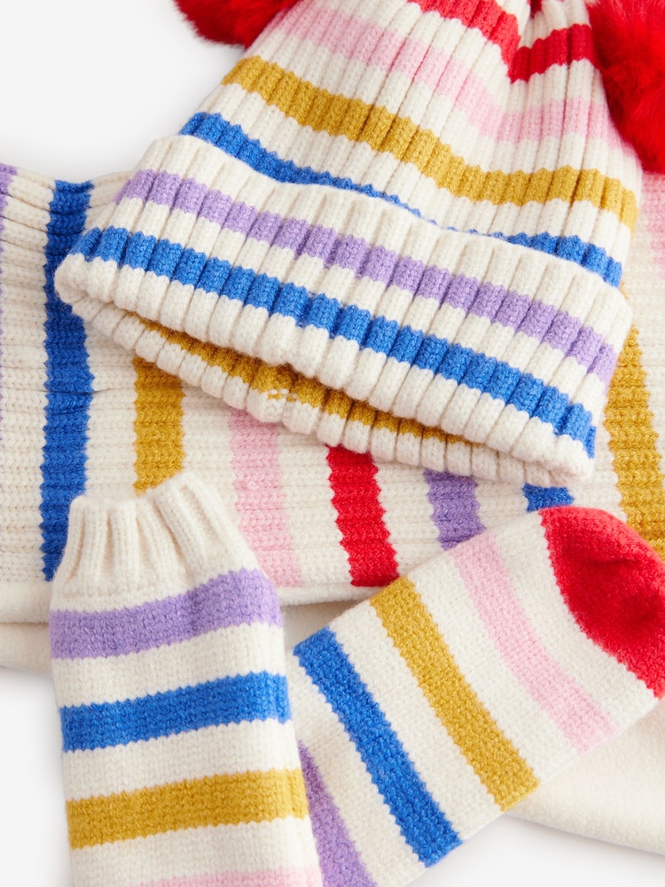 Multi Bright Stripe Pom Pom Hat Mittens And Scarf Set (3mths-6yrs) - Image 2 of 3