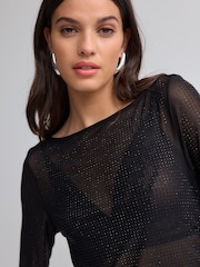 Black Slash Neck Embellished Sparkle Long Sleeve Top - Image 1 of 9