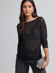 Black Slash Neck Embellished Sparkle Long Sleeve Top - Image 2 of 9
